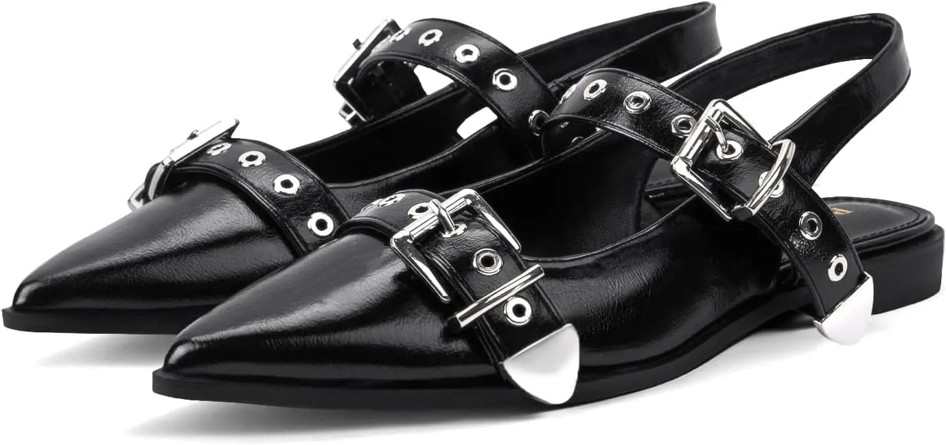 Women's Buckle Ballet Flats Pointed Closed Toe Slingback Shoes with Low Heel Comfortable Dress Flats