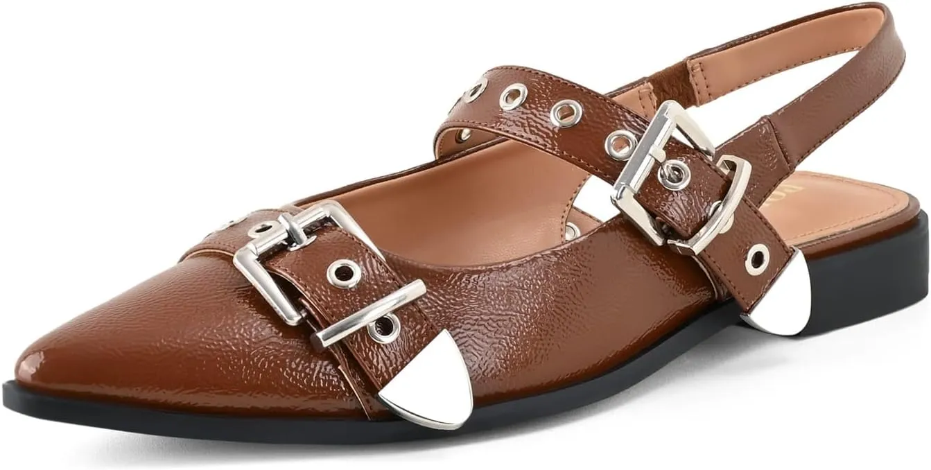 Women's Buckle Ballet Flats Pointed Closed Toe Slingback Shoes with Low Heel Comfortable Dress Flats