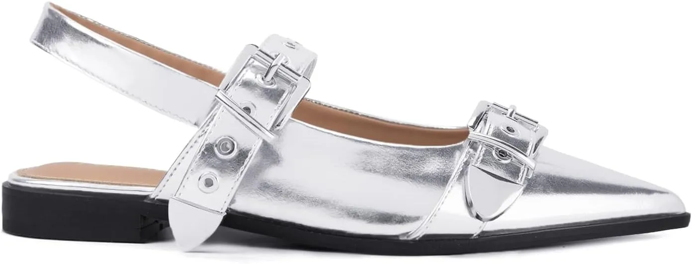 Women's Buckle Ballet Flats Pointed Closed Toe Slingback Shoes with Low Heel Comfortable Dress Flats