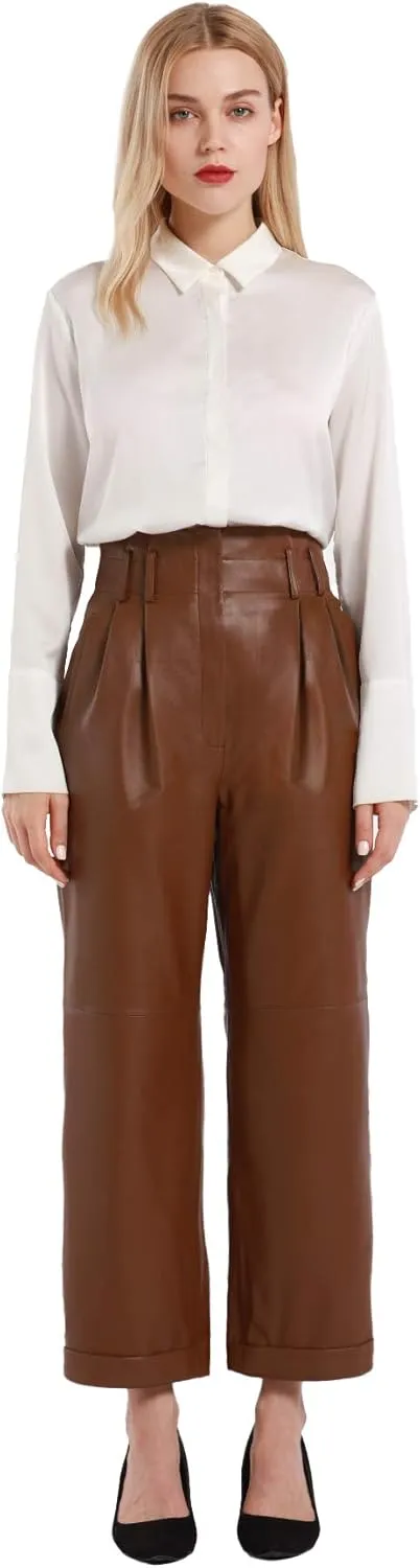 Women’s Casual High Waisted Cropped Straight Leather Pant