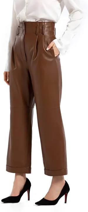 Women’s Casual High Waisted Cropped Straight Leather Pant