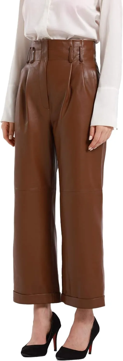 Women’s Casual High Waisted Cropped Straight Leather Pant