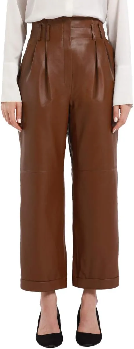 Women’s Casual High Waisted Cropped Straight Leather Pant