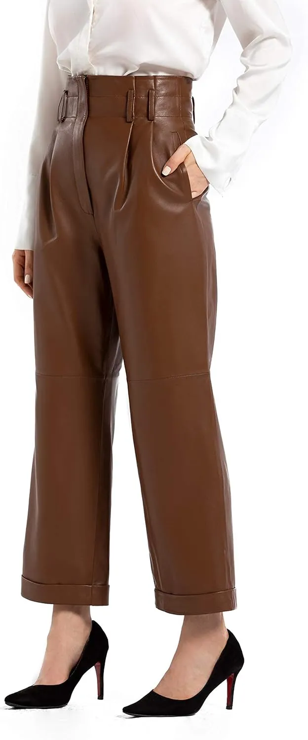 Women’s Casual High Waisted Cropped Straight Leather Pant
