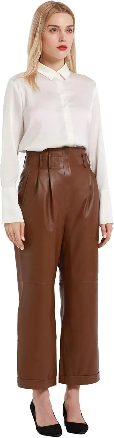 Women’s Casual High Waisted Cropped Straight Leather Pant