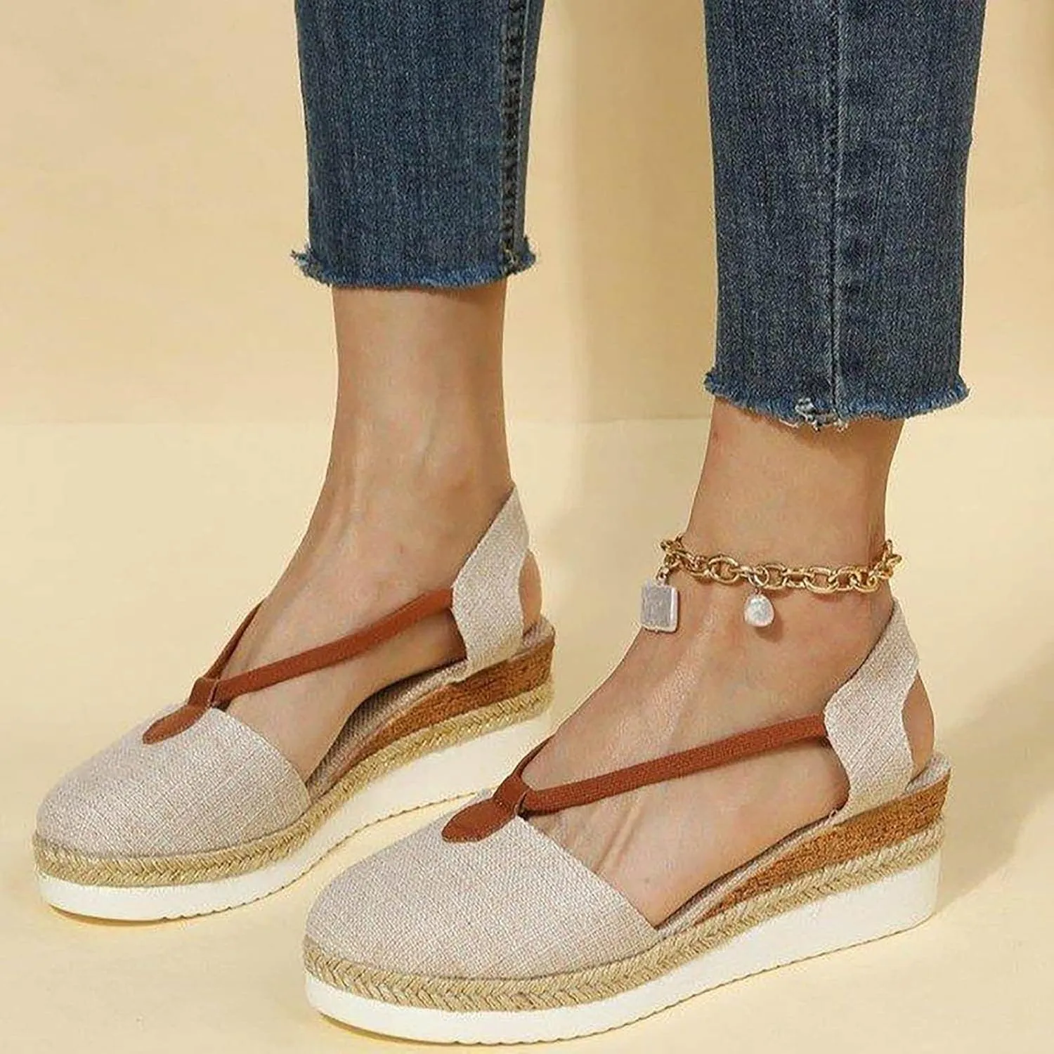 Women's Closed Toe Colorblock Sandals High Elastic Summer Platform Shoes Braided Spring Trendy Vacation Sandal