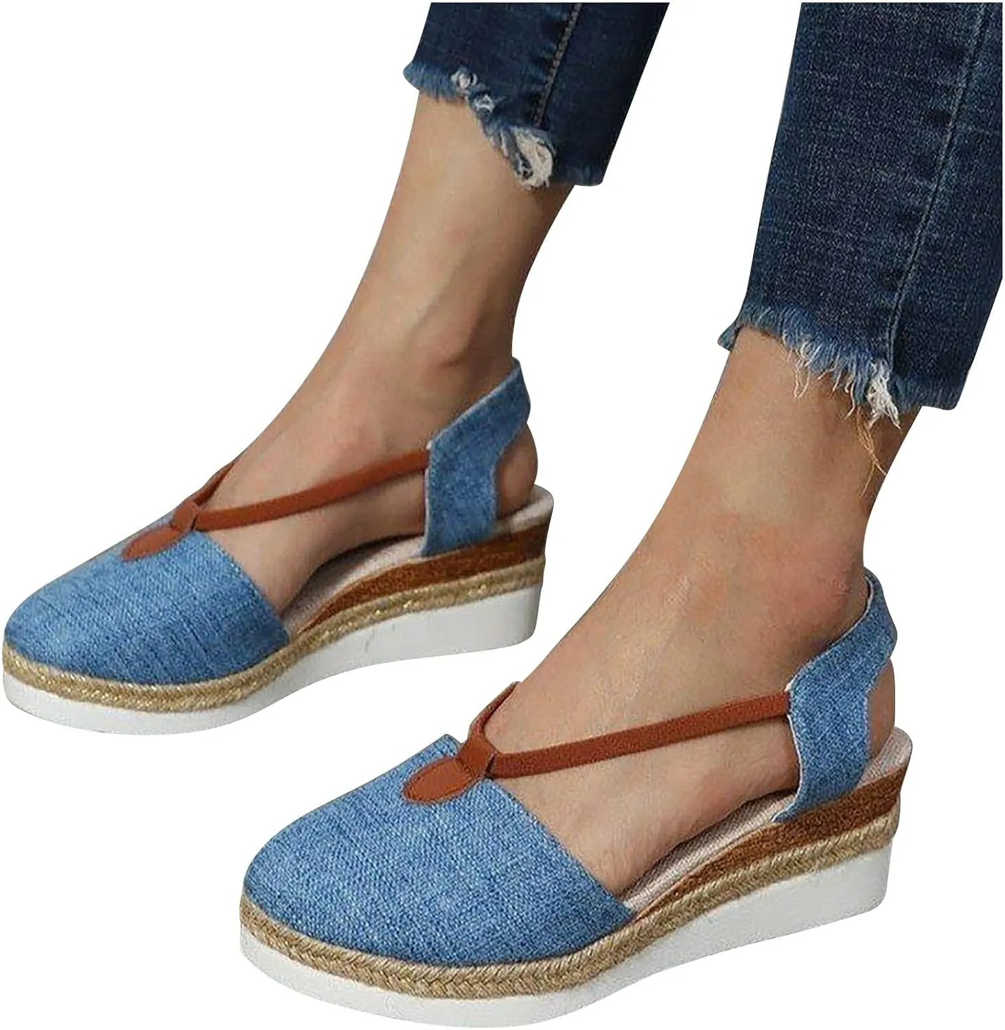 Women's Closed Toe Colorblock Sandals High Elastic Summer Platform Shoes Braided Spring Trendy Vacation Sandal