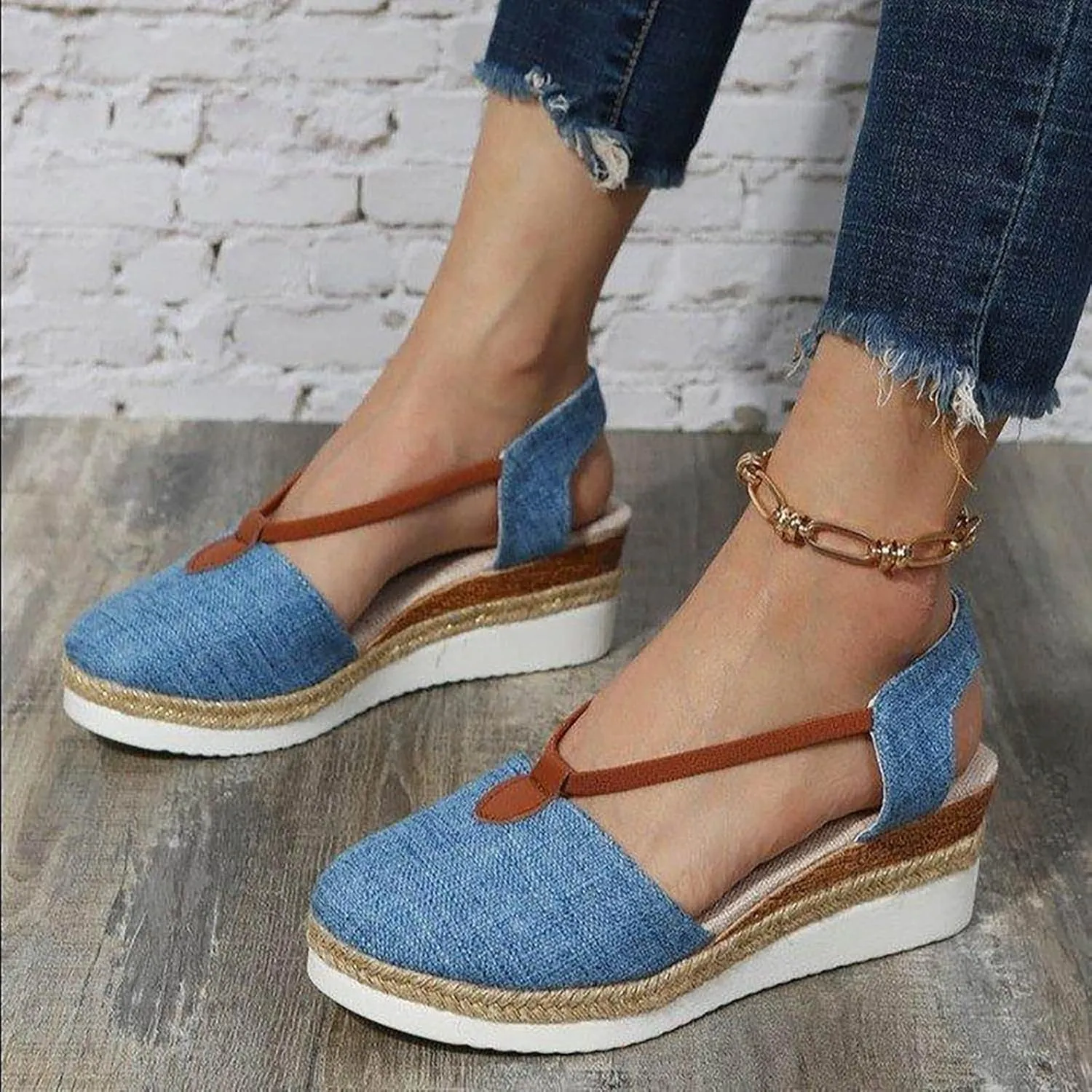 Women's Closed Toe Colorblock Sandals High Elastic Summer Platform Shoes Braided Spring Trendy Vacation Sandal