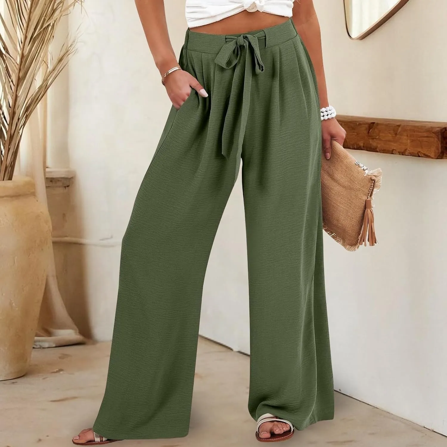 Womens Cotton Linen Pant Palazzo Pants High Waist Wide Leg 2025 Beach Travel Vacation Trousers with Pocket