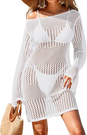 Womens Crochet Boat Neck Swimsuit Coverup Summer 2025 Long Bell Sleeve Beach Bathing Suit Cover Up Mini Dress