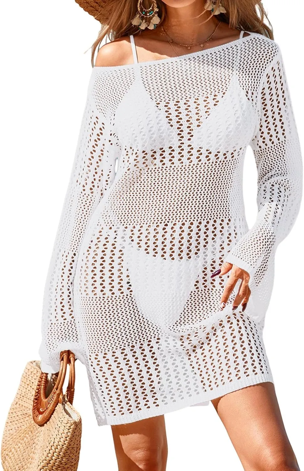 Womens Crochet Boat Neck Swimsuit Coverup Summer 2025 Long Bell Sleeve Beach Bathing Suit Cover Up Mini Dress