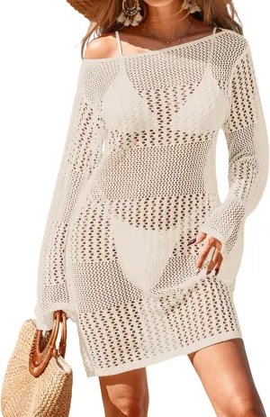 Womens Crochet Boat Neck Swimsuit Coverup Summer 2025 Long Bell Sleeve Beach Bathing Suit Cover Up Mini Dress