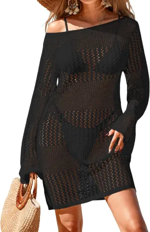 Womens Crochet Boat Neck Swimsuit Coverup Summer 2025 Long Bell Sleeve Beach Bathing Suit Cover Up Mini Dress