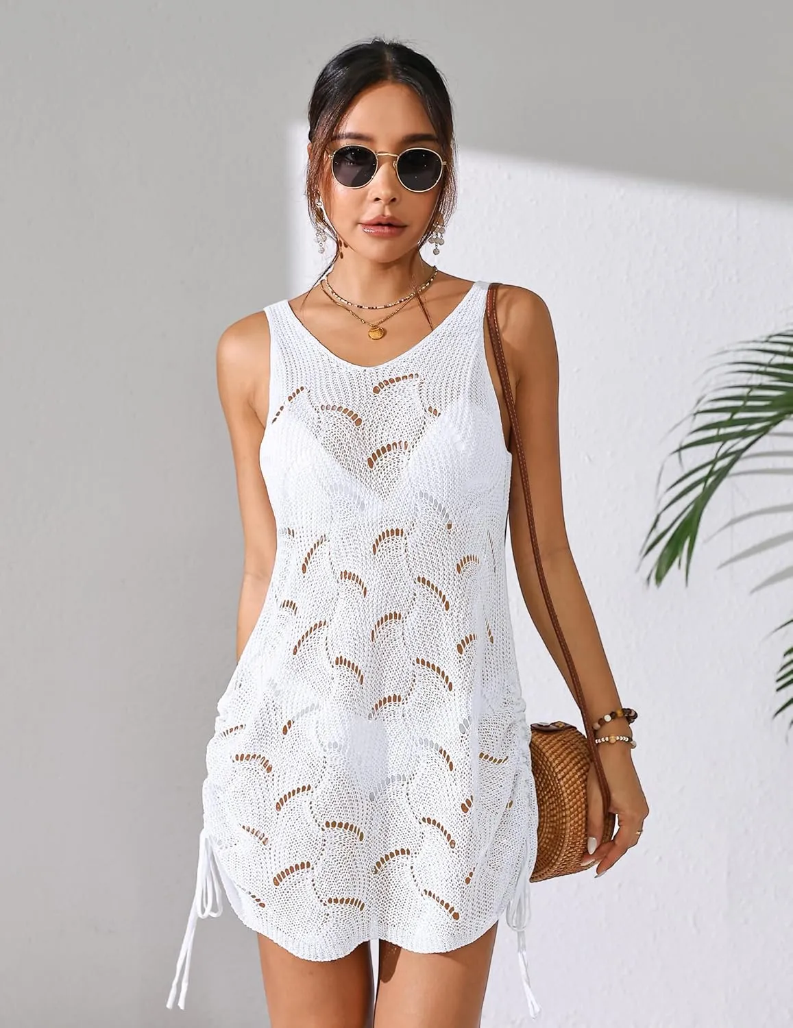 Womens Crochet Knit Drawstring Beach Coverup Dress Summer 2025 Backless V Neck Sleeveless Bathing Suit Cover Up