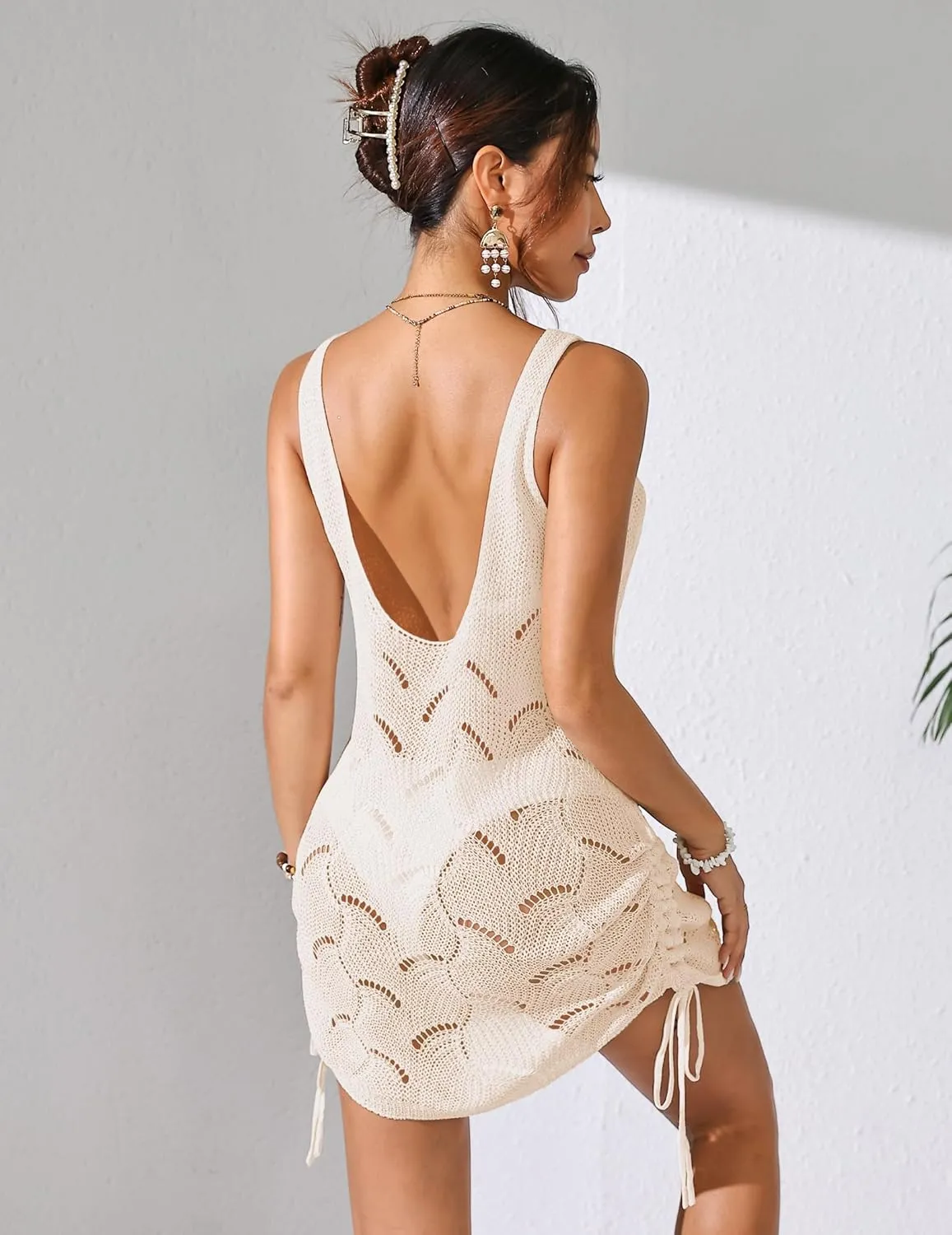 Womens Crochet Knit Drawstring Beach Coverup Dress Summer 2025 Backless V Neck Sleeveless Bathing Suit Cover Up