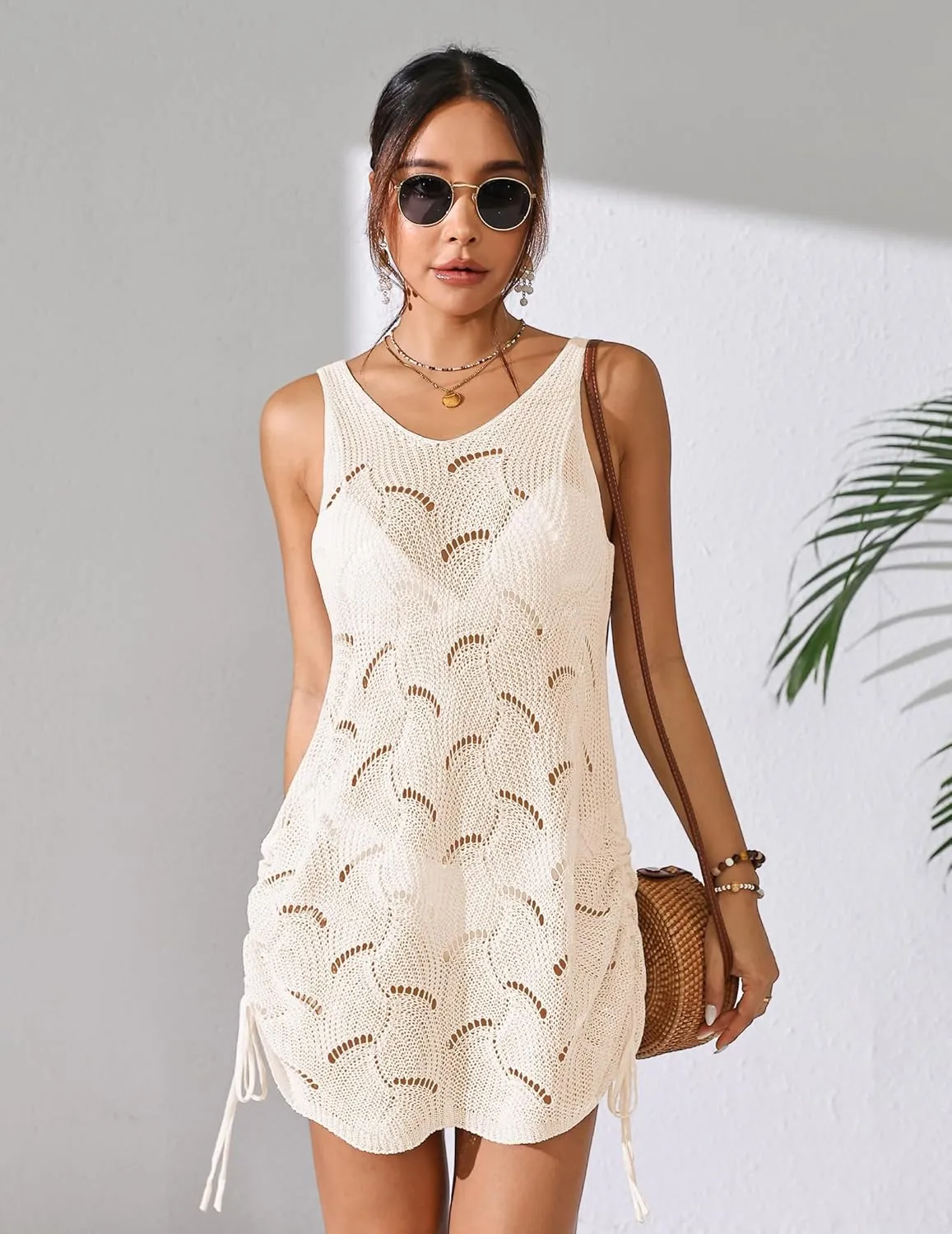 Womens Crochet Knit Drawstring Beach Coverup Dress Summer 2025 Backless V Neck Sleeveless Bathing Suit Cover Up