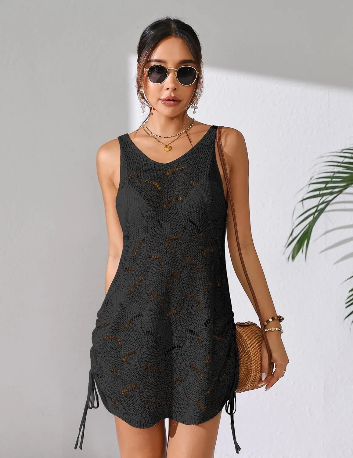 Womens Crochet Knit Drawstring Beach Coverup Dress Summer 2025 Backless V Neck Sleeveless Bathing Suit Cover Up