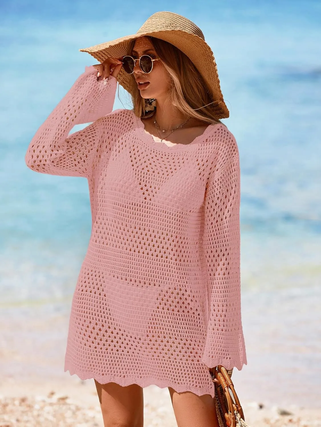 Womens Crochet Knit Swimsuit Coverup Mini Dress Summer 2025 Boat Neck Wavy Trim Beach Bathing Suit Cover Up
