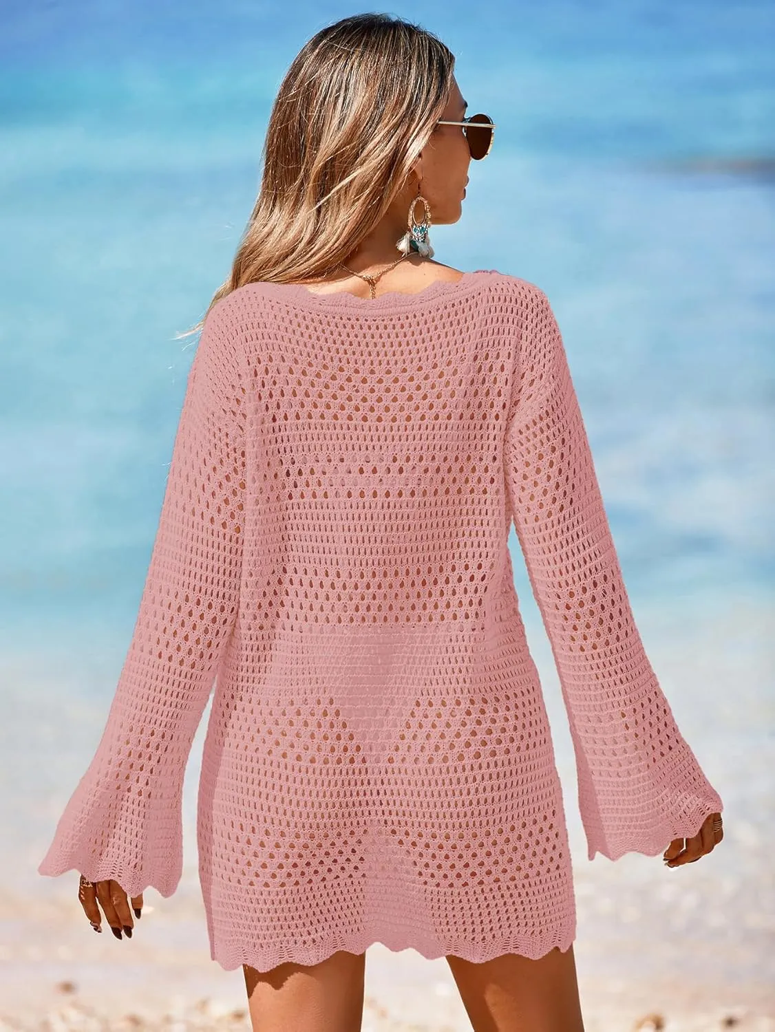 Womens Crochet Knit Swimsuit Coverup Mini Dress Summer 2025 Boat Neck Wavy Trim Beach Bathing Suit Cover Up