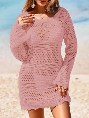 Womens Crochet Knit Swimsuit Coverup Mini Dress Summer 2025 Boat Neck Wavy Trim Beach Bathing Suit Cover Up