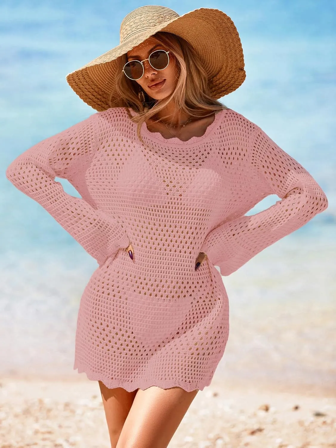 Womens Crochet Knit Swimsuit Coverup Mini Dress Summer 2025 Boat Neck Wavy Trim Beach Bathing Suit Cover Up
