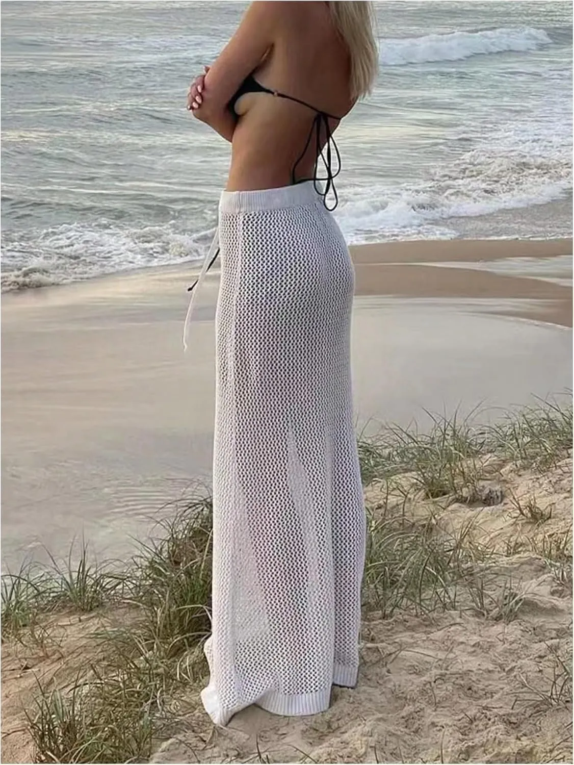 Womens Crochet Swimsuit Coverup Skirt Boho Beach High Waisted Bikini Cover Up Mesh Sheer Vacation Skirts