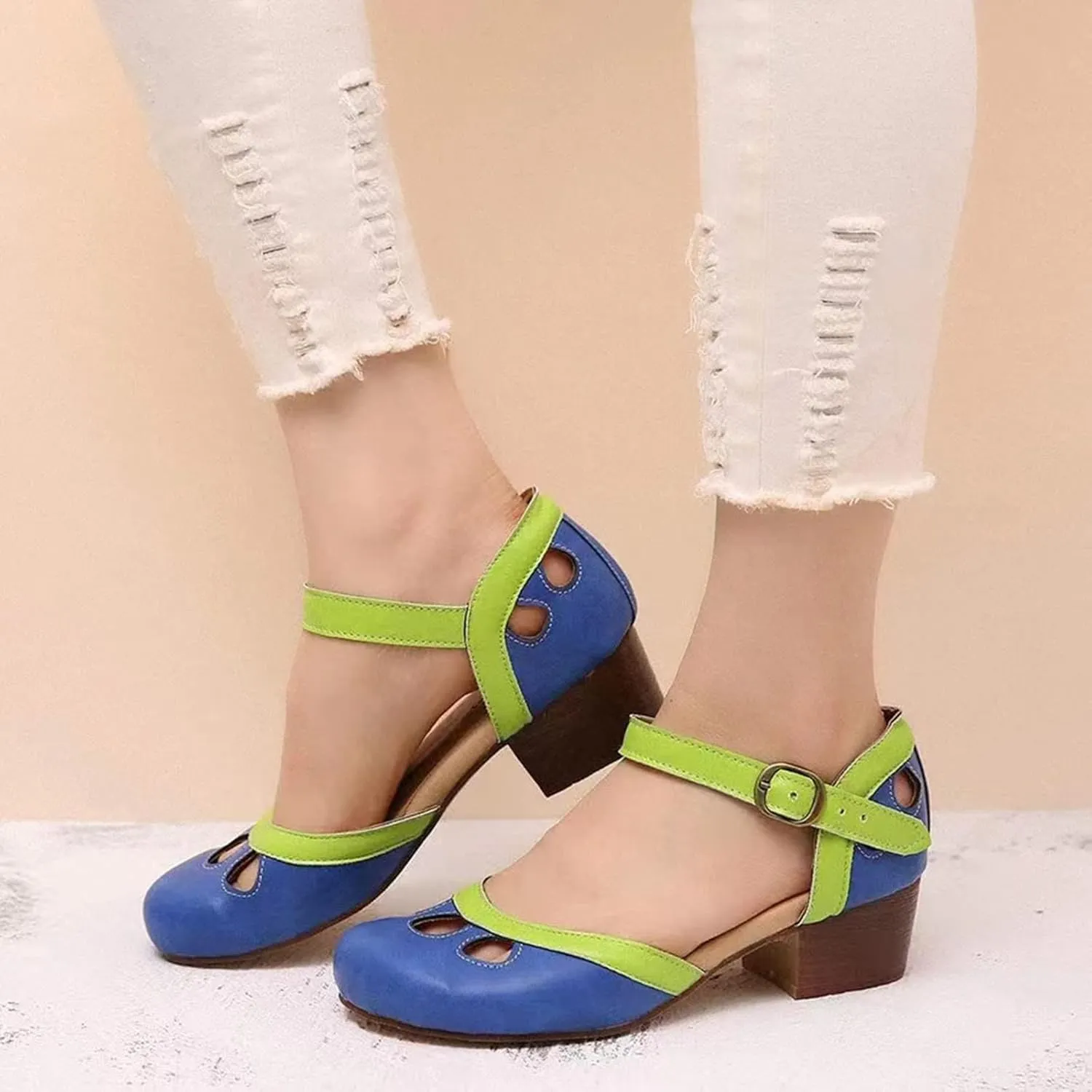 Women's Cute Colorblock Summer Sandal Hook and Eye High Heel Spring Vacation Casual Sandals Closed Toe Lovely Shoes