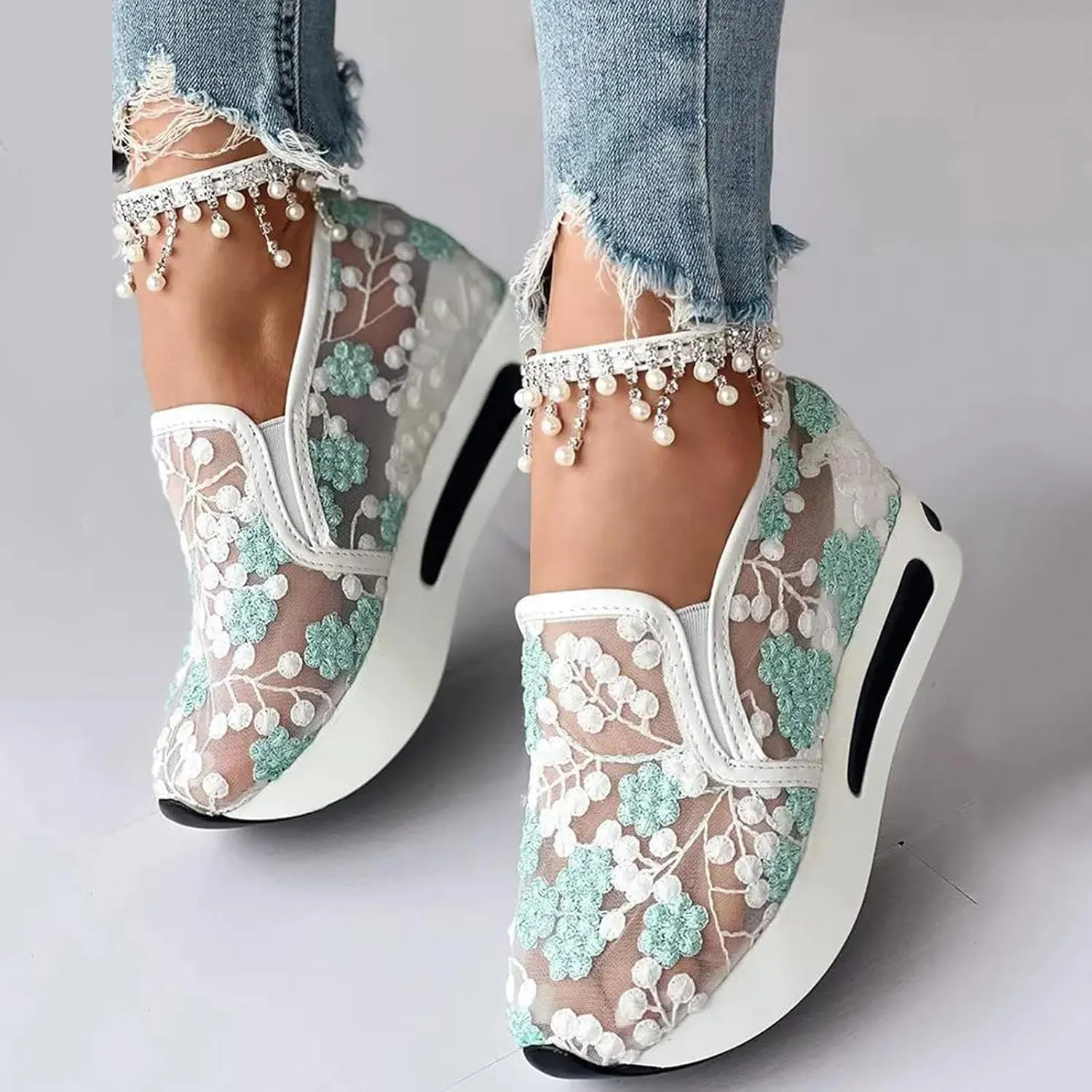 Women's Fashion Sneakers Mesh Floral Embroidery Platform Sneakers for Women 2024 Breathable Walking Shoes Comfortable Casual Wedge Slip On Work Shoes