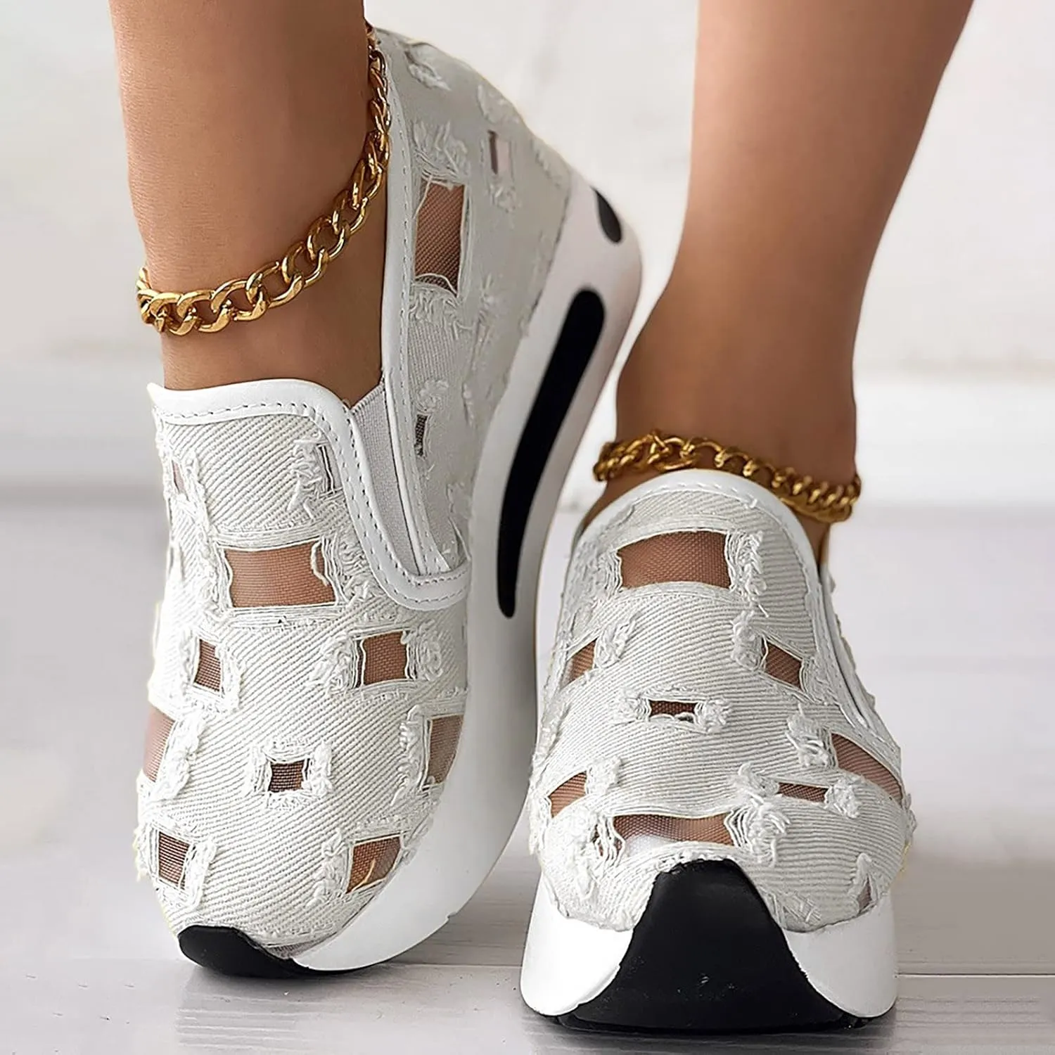 Women's Fashion Sneakers Mesh Floral Embroidery Platform Sneakers for Women 2024 Breathable Walking Shoes Comfortable Casual Wedge Slip On Work Shoes