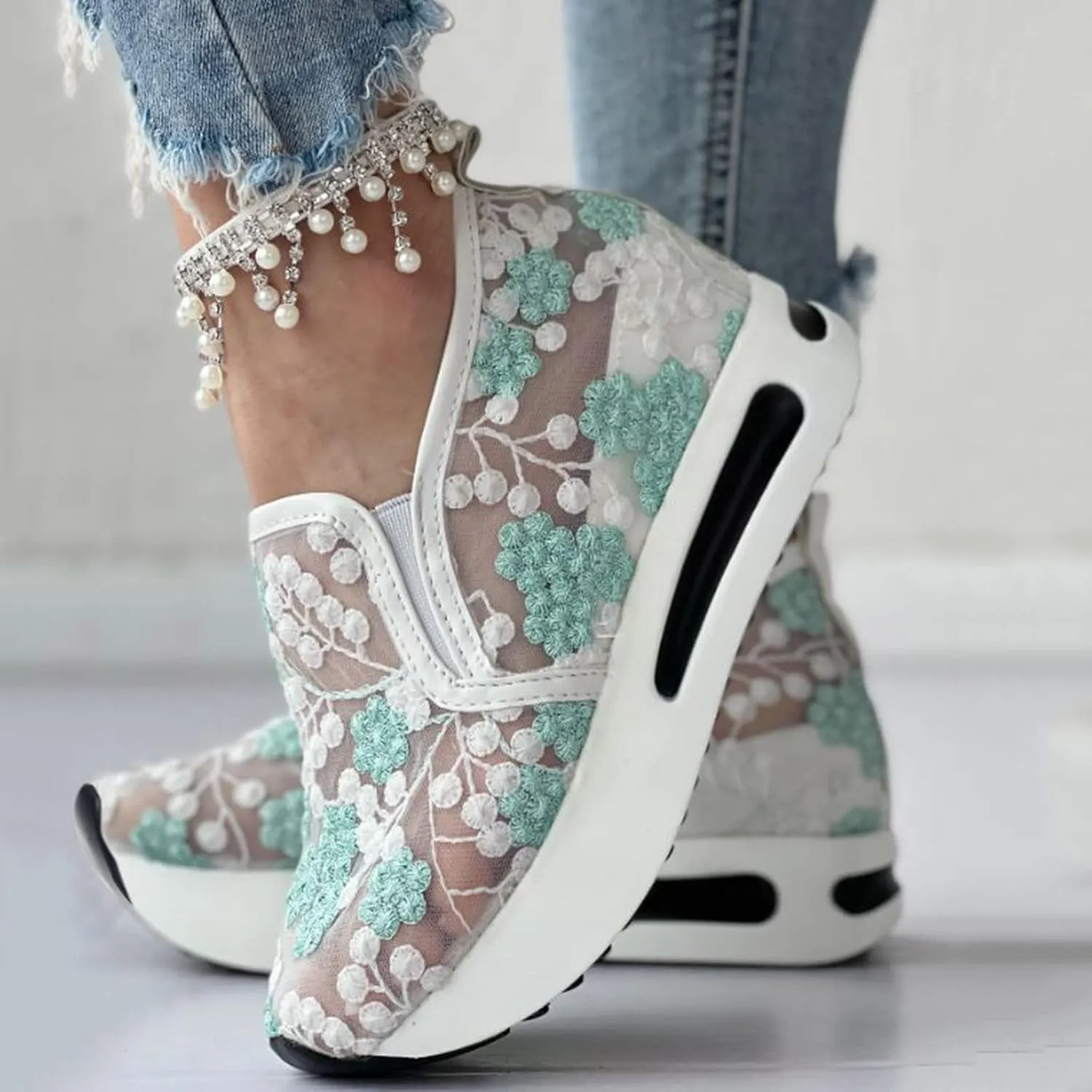Women's Fashion Sneakers Mesh Floral Embroidery Platform Sneakers for Women 2024 Breathable Walking Shoes Comfortable Casual Wedge Slip On Work Shoes