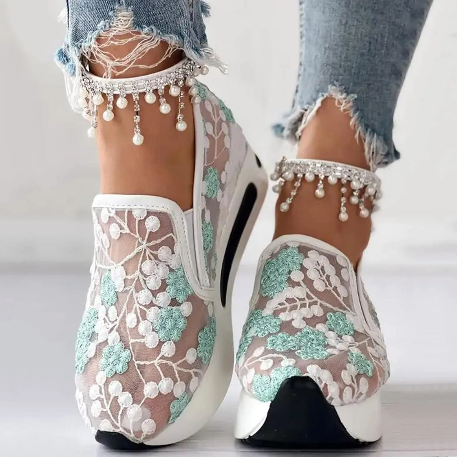 Women's Fashion Sneakers Mesh Floral Embroidery Platform Sneakers for Women 2024 Breathable Walking Shoes Comfortable Casual Wedge Slip On Work Shoes
