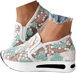 Women's Fashion Sneakers Mesh Floral Embroidery Platform Sneakers for Women 2024 Breathable Walking Shoes Comfortable Casual Wedge Slip On Work Shoes