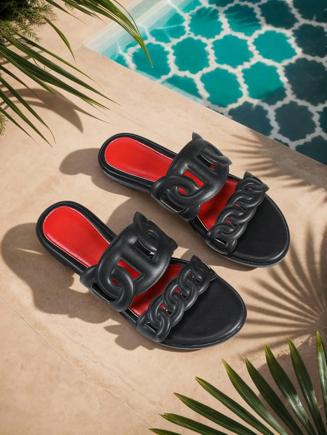 Women's Flat Sandals – Fashionable Chain-Strap Slides with Red Contrast Insole, Comfortable Summer Shoes for Vacation & Casual Outings