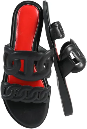 Women's Flat Sandals – Fashionable Chain-Strap Slides with Red Contrast Insole, Comfortable Summer Shoes for Vacation & Casual Outings