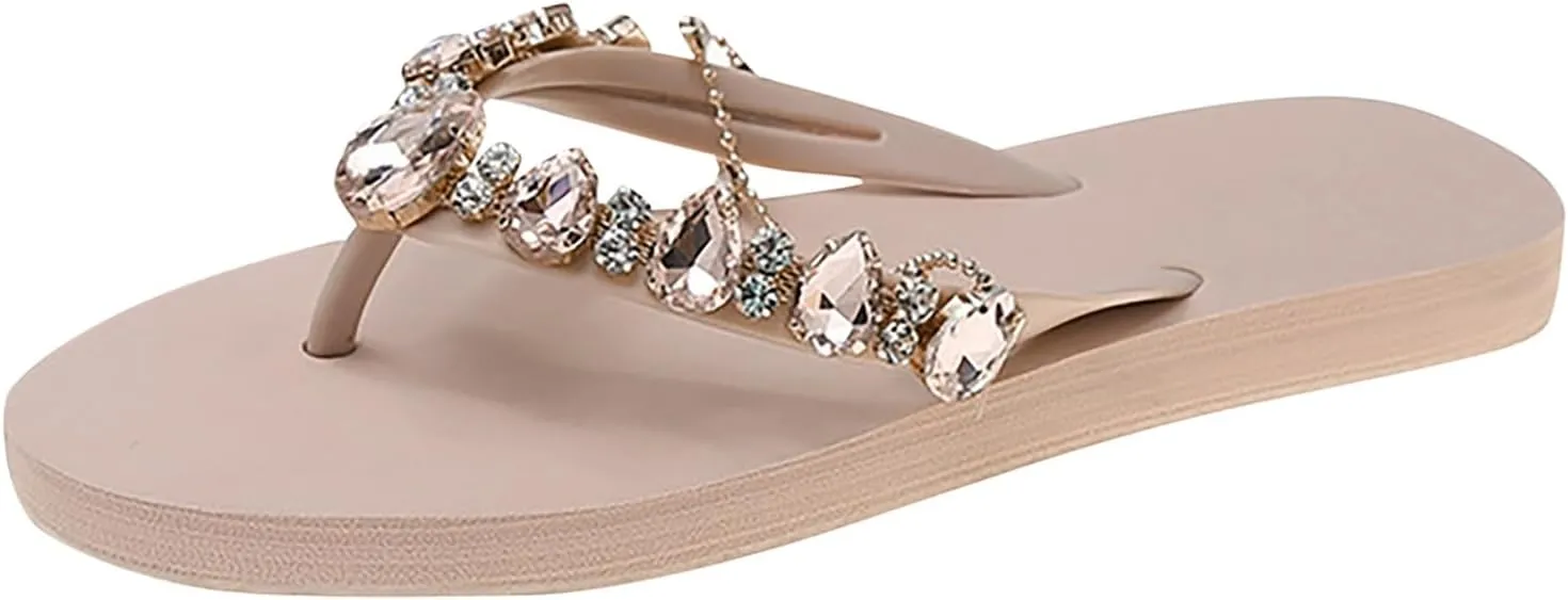 Womens Flat Sandals Summer Dressy Comfortable Rhinestone Sandals Flowers Cute Beach Boho Flip Flops Casual Vacation Dress Walking Shoes