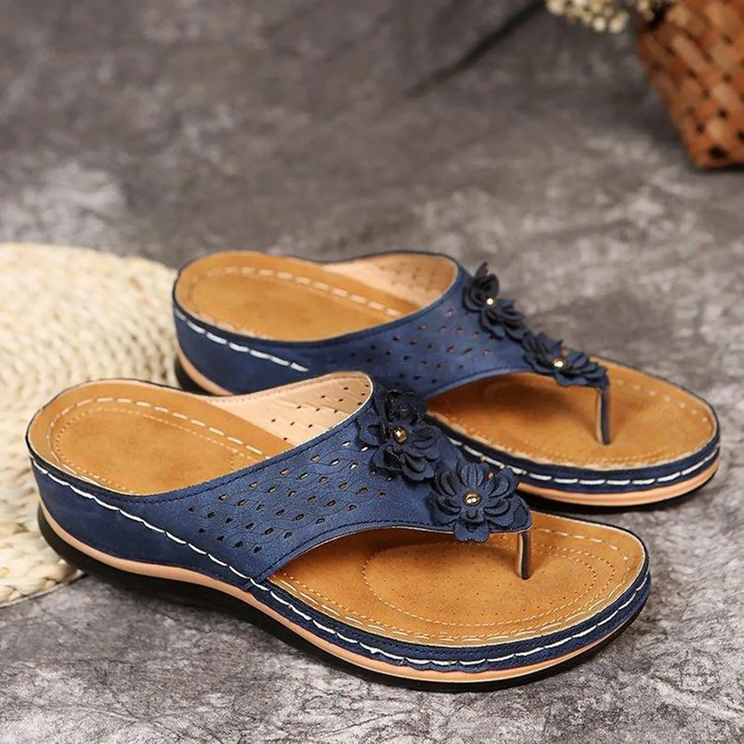 Women's Flip Flop Sandals Summer Casual Fashion Wedge Heel Slippers Flower Thick-Soled Arch Support Sandals for Daily Vacation Beach