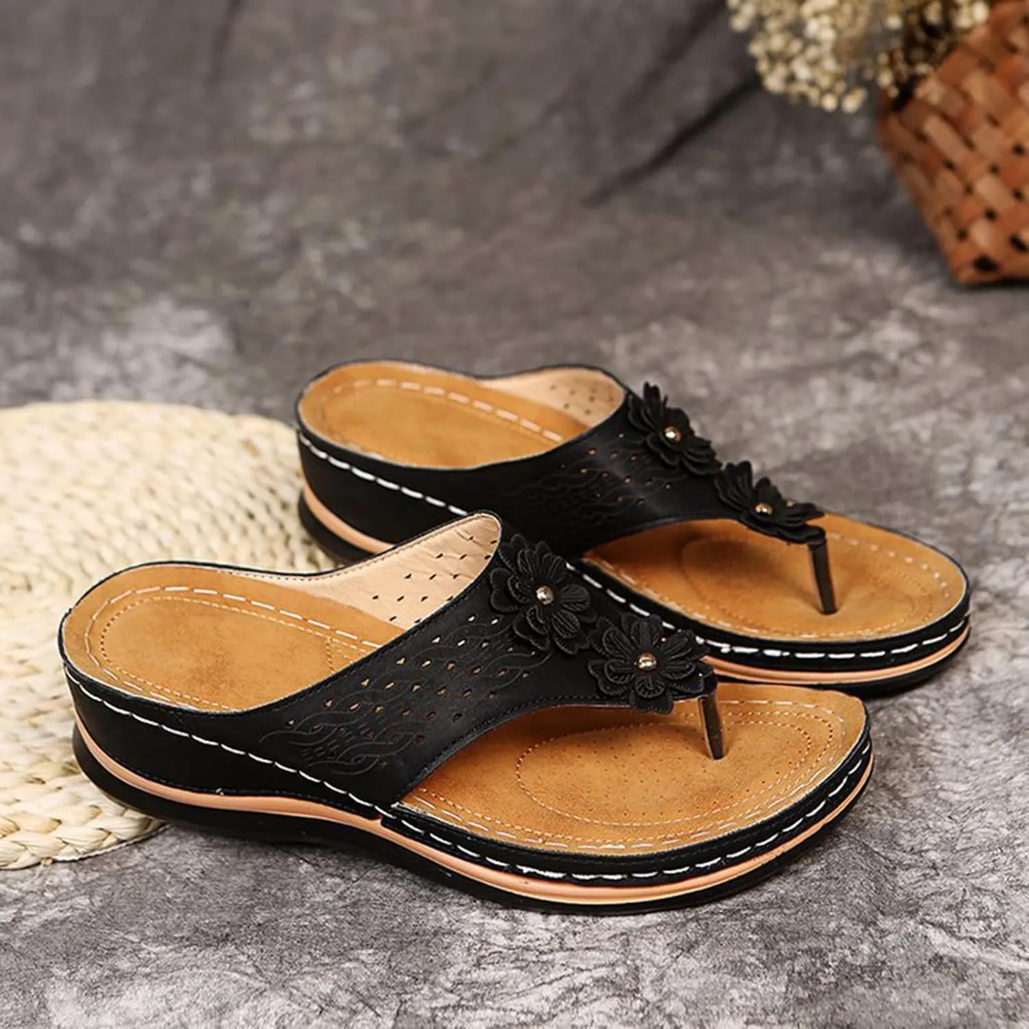 Women's Flip Flop Sandals Summer Casual Fashion Wedge Heel Slippers Flower Thick-Soled Arch Support Sandals for Daily Vacation Beach