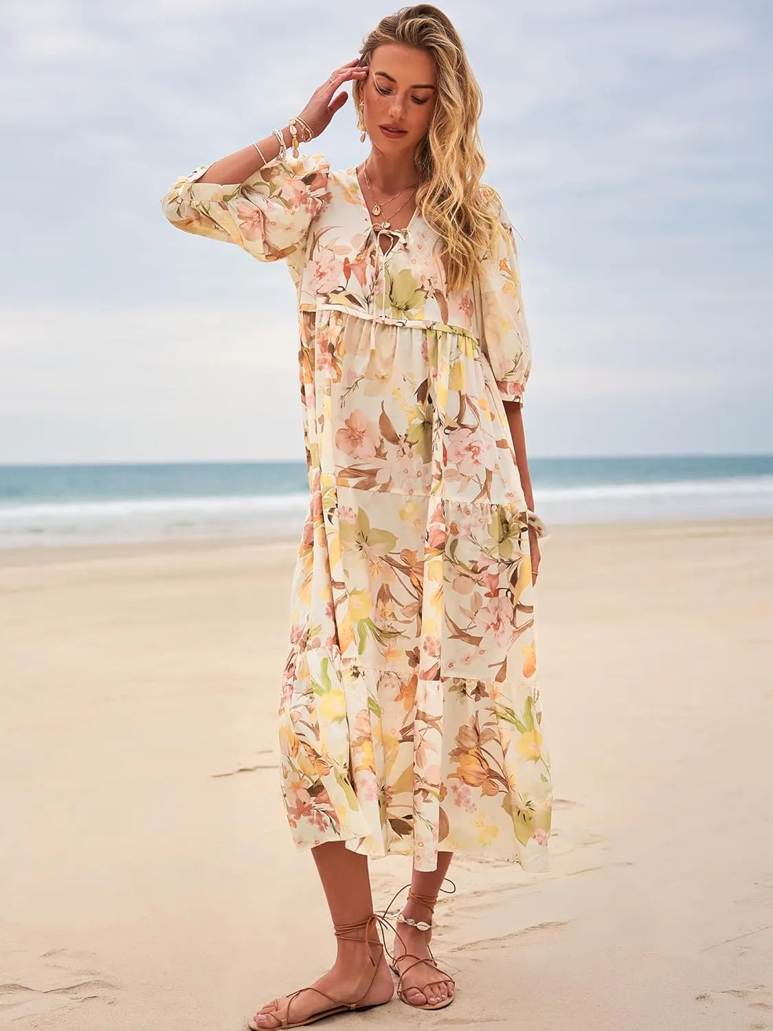 Women's Floral Boho Maxi Dress 2025 Summer V Neck Puff Sleeve Casual Loose Flowy Long Beach Dresses