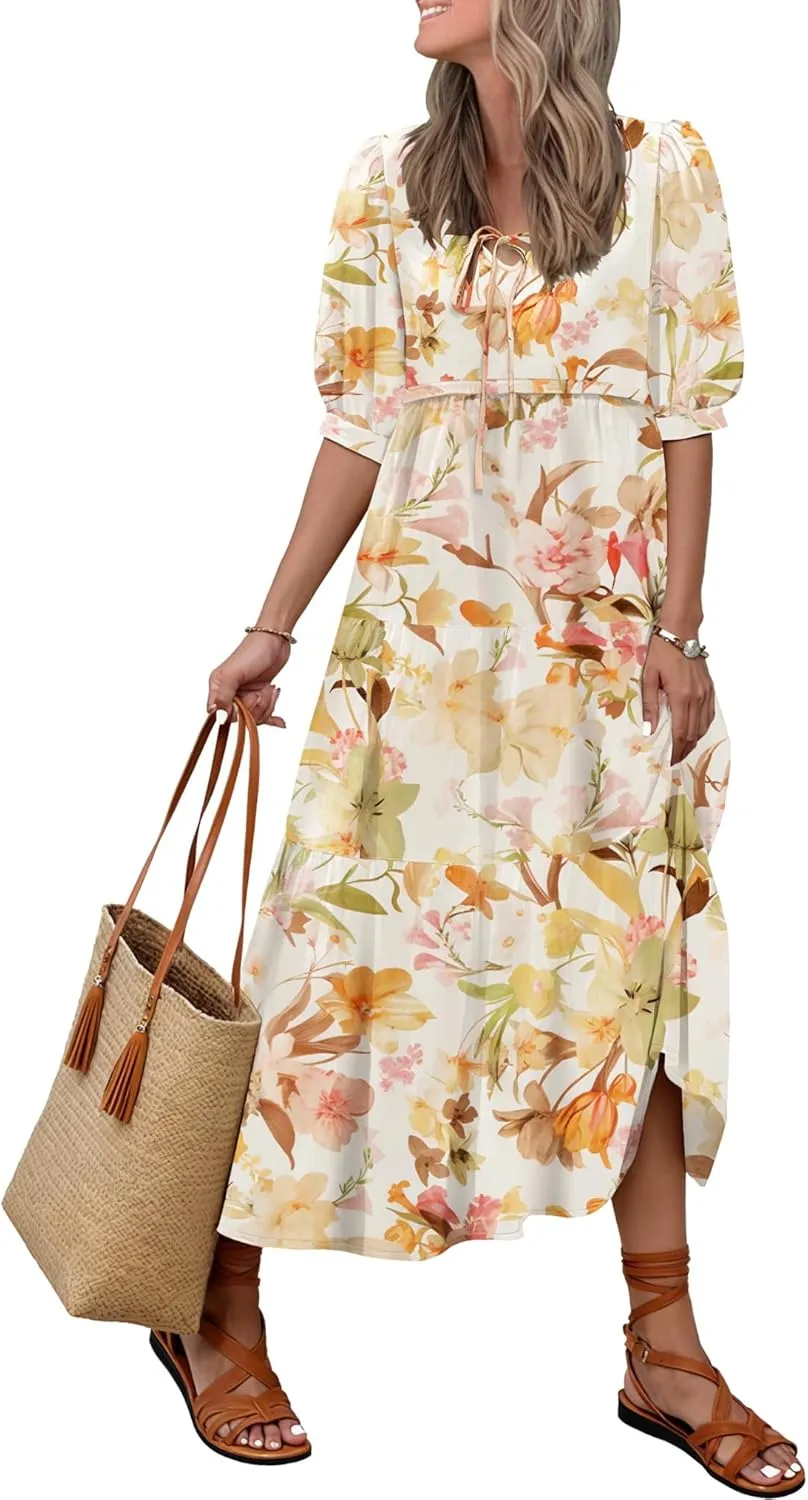 Women's Floral Boho Maxi Dress 2025 Summer V Neck Puff Sleeve Casual Loose Flowy Long Beach Dresses