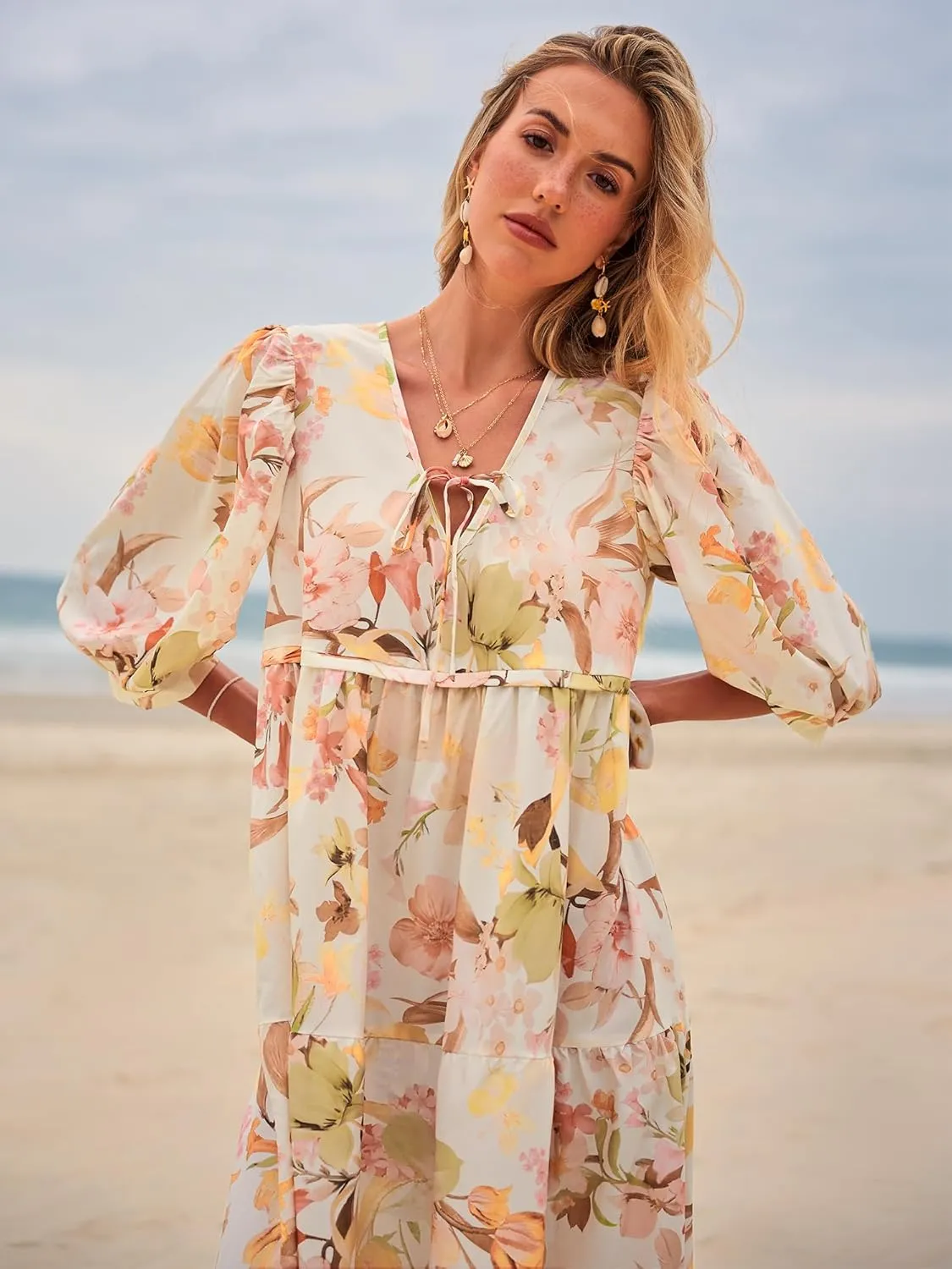 Women's Floral Boho Maxi Dress 2025 Summer V Neck Puff Sleeve Casual Loose Flowy Long Beach Dresses