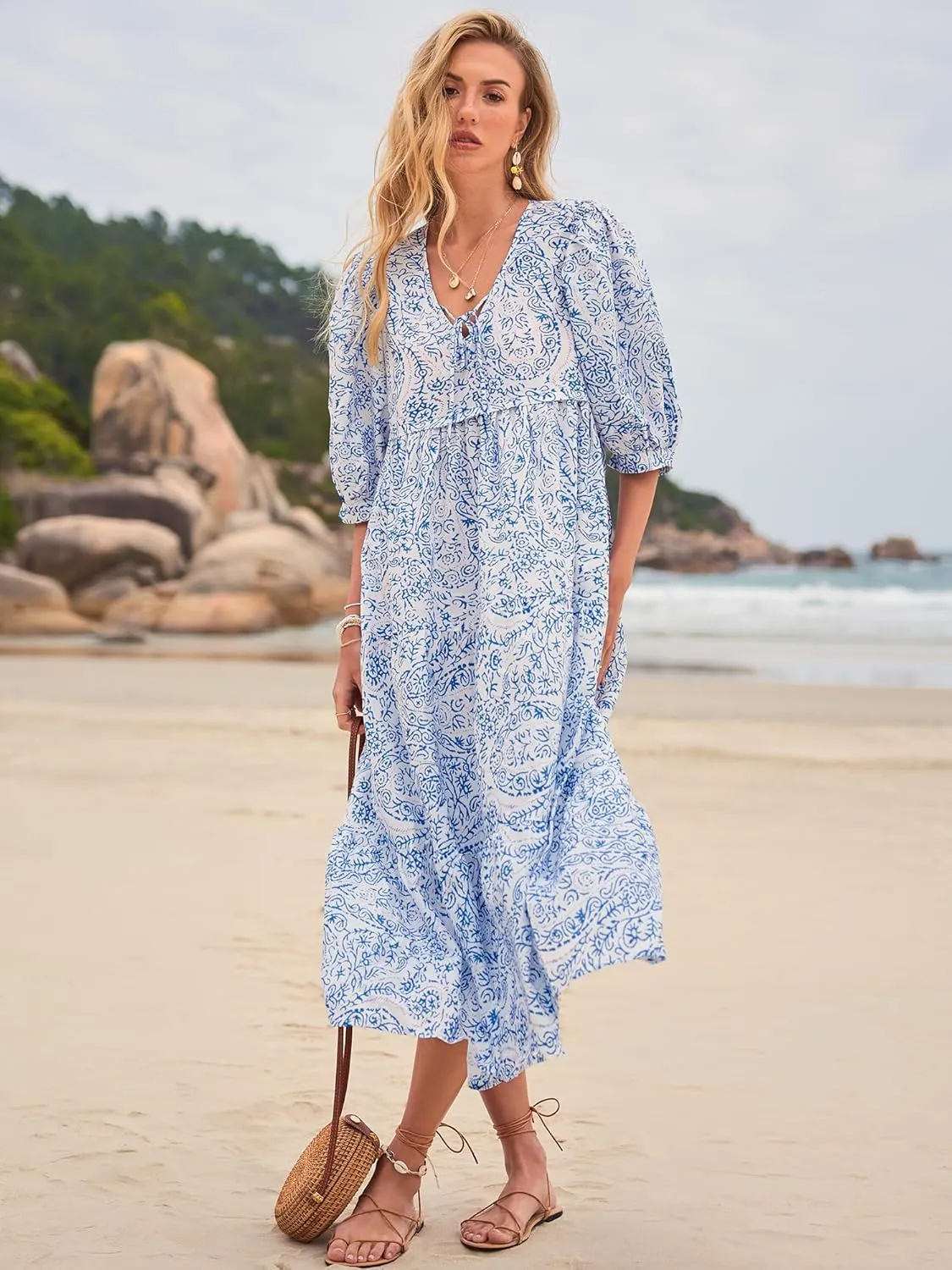 Women's Floral Boho Maxi Dress 2025 Summer V Neck Puff Sleeve Casual Loose Flowy Long Beach Dresses