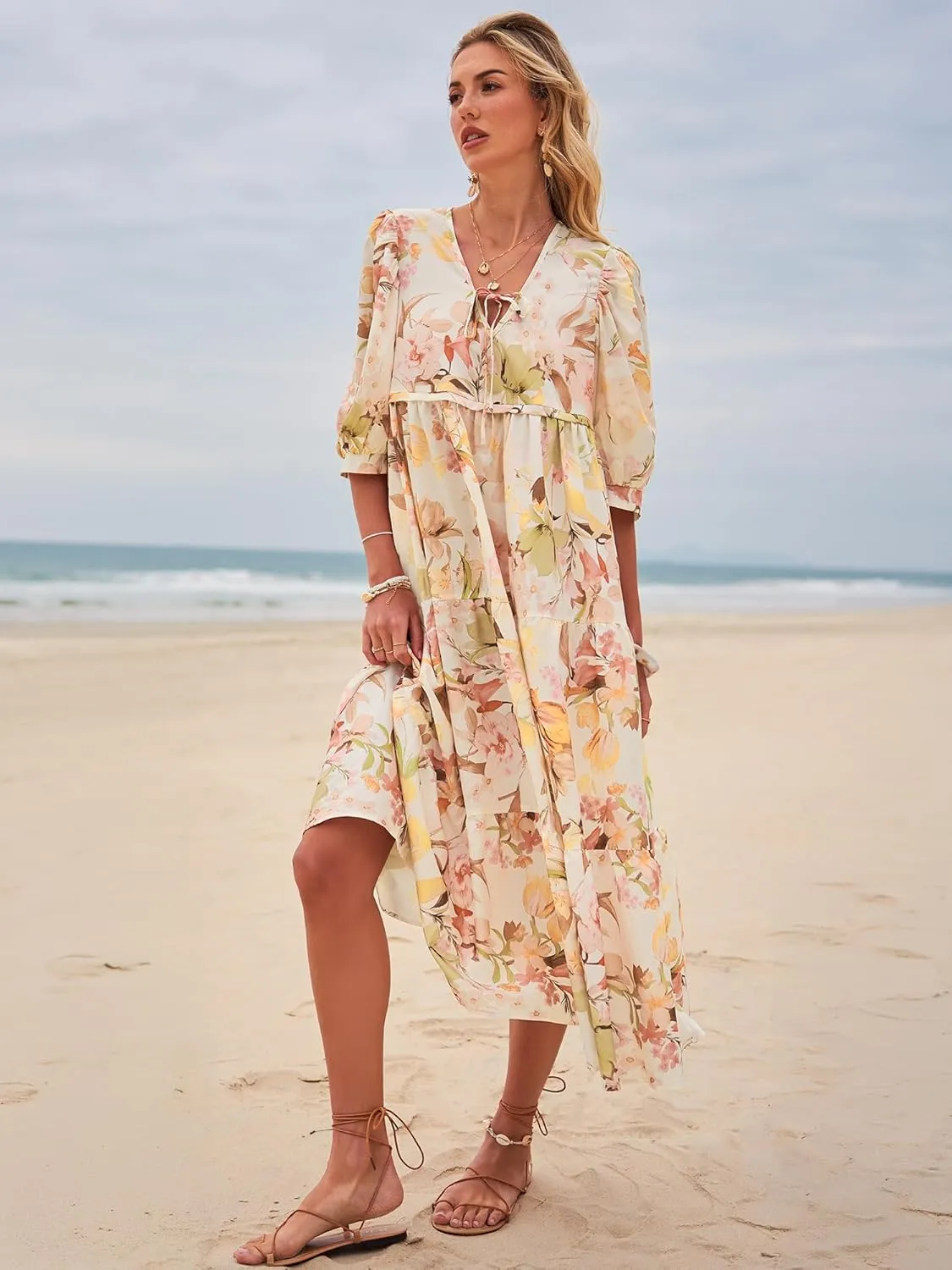 Women's Floral Boho Maxi Dress 2025 Summer V Neck Puff Sleeve Casual Loose Flowy Long Beach Dresses