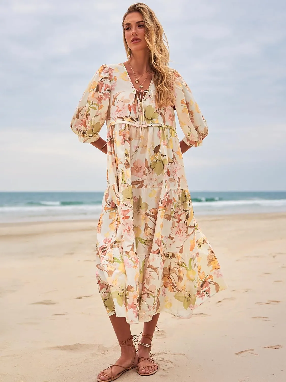Women's Floral Boho Maxi Dress 2025 Summer V Neck Puff Sleeve Casual Loose Flowy Long Beach Dresses