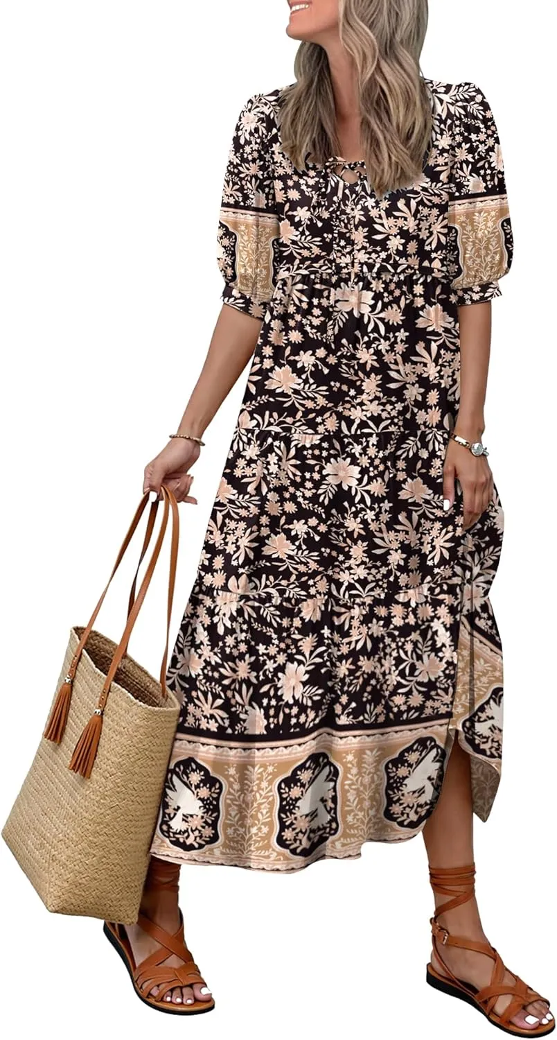 Women's Floral Boho Maxi Dress 2025 Summer V Neck Puff Sleeve Casual Loose Flowy Long Beach Dresses