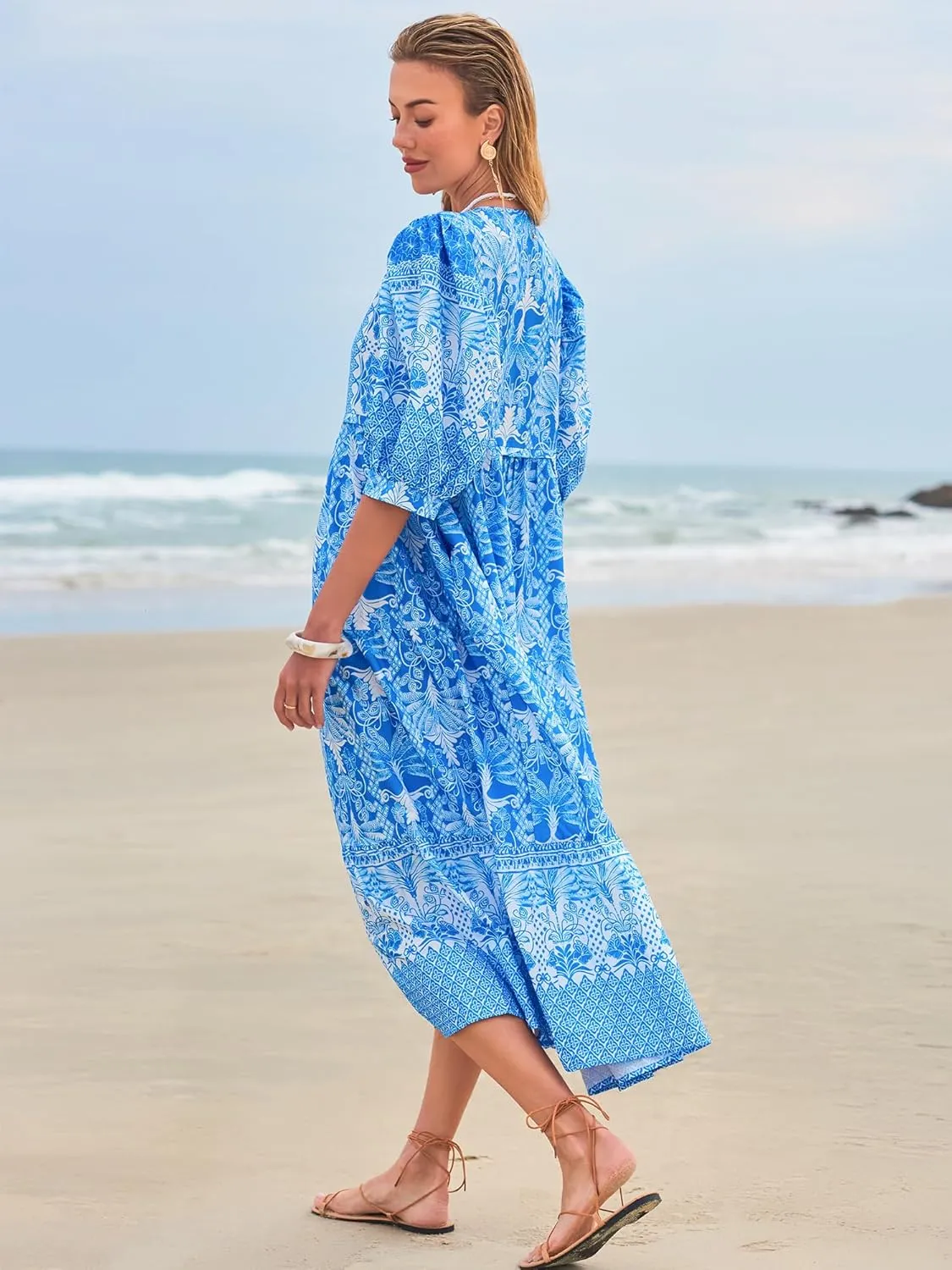 Women's Floral Boho Maxi Dress 2025 Summer V Neck Puff Sleeve Casual Loose Flowy Long Beach Dresses