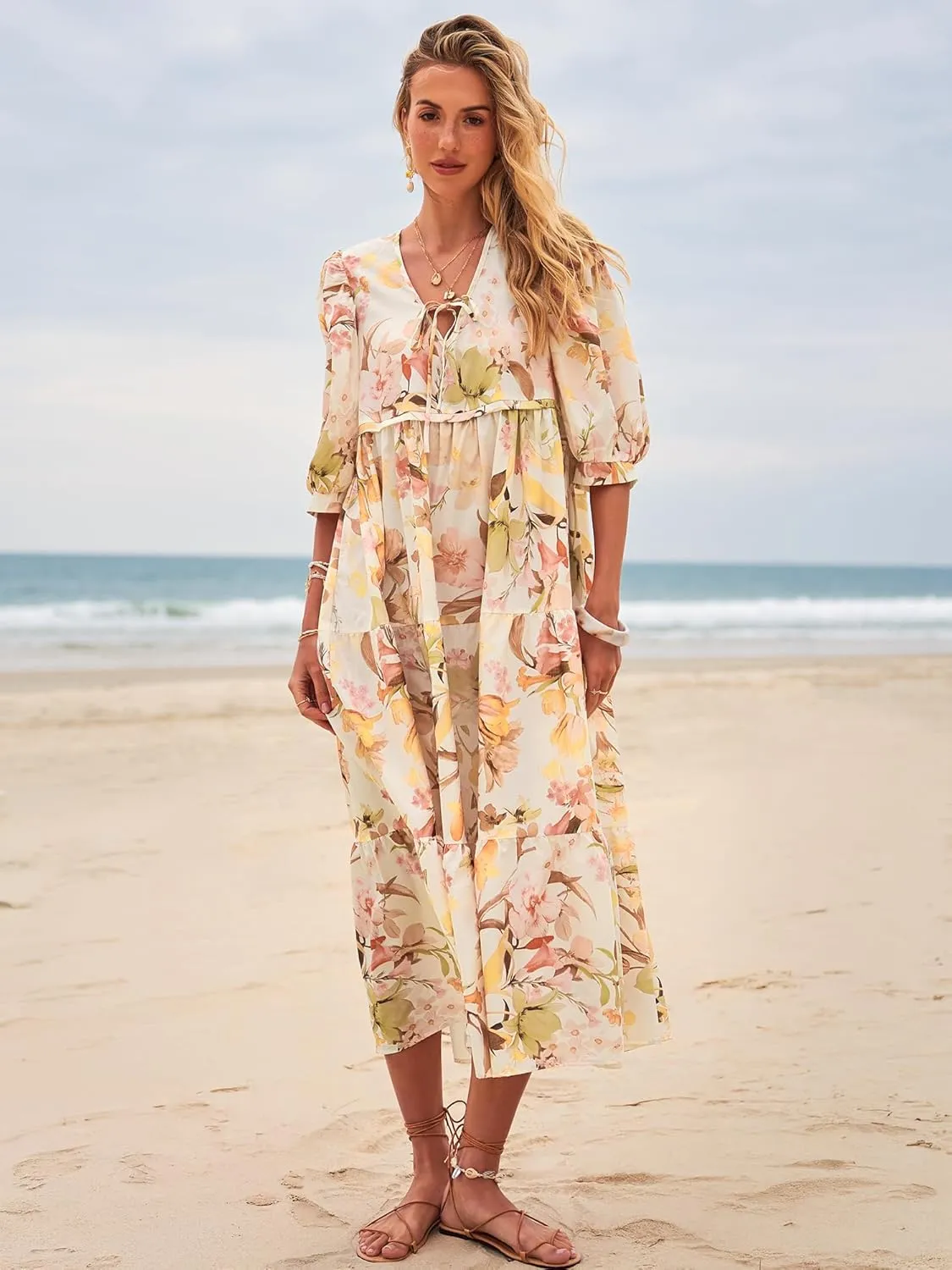 Women's Floral Boho Maxi Dress 2025 Summer V Neck Puff Sleeve Casual Loose Flowy Long Beach Dresses