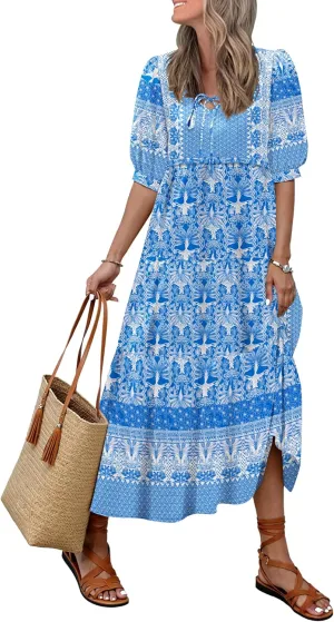 Women's Floral Boho Maxi Dress 2025 Summer V Neck Puff Sleeve Casual Loose Flowy Long Beach Dresses