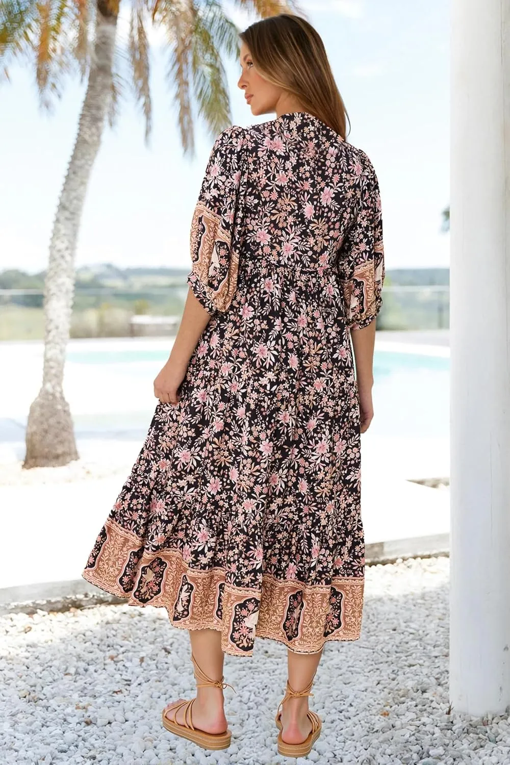 Women's Floral Boho Maxi Dress 2025 Summer V Neck Puff Sleeve Casual Loose Flowy Long Beach Dresses