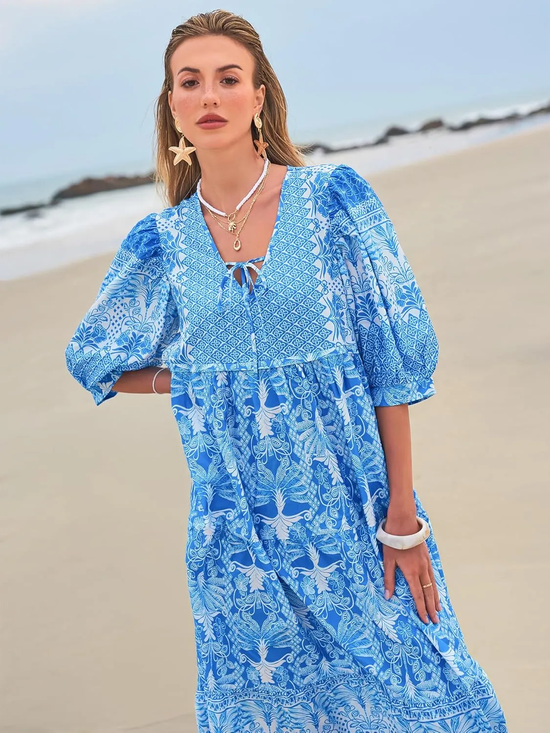 Women's Floral Boho Maxi Dress 2025 Summer V Neck Puff Sleeve Casual Loose Flowy Long Beach Dresses