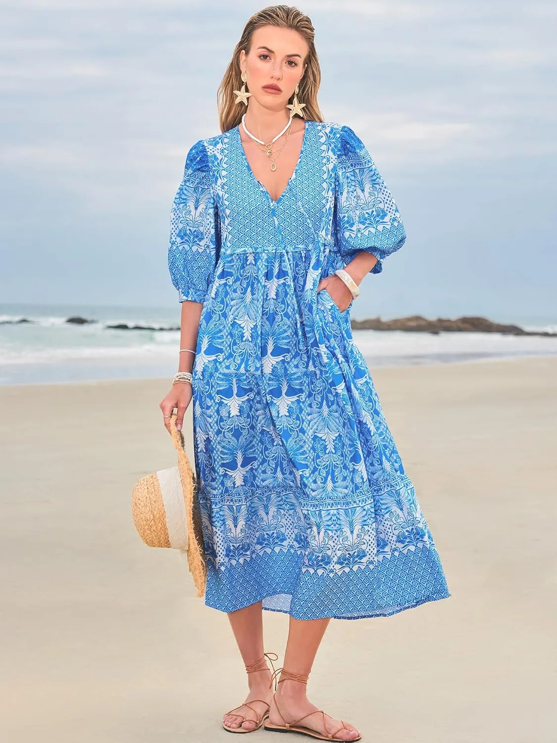 Women's Floral Boho Maxi Dress 2025 Summer V Neck Puff Sleeve Casual Loose Flowy Long Beach Dresses